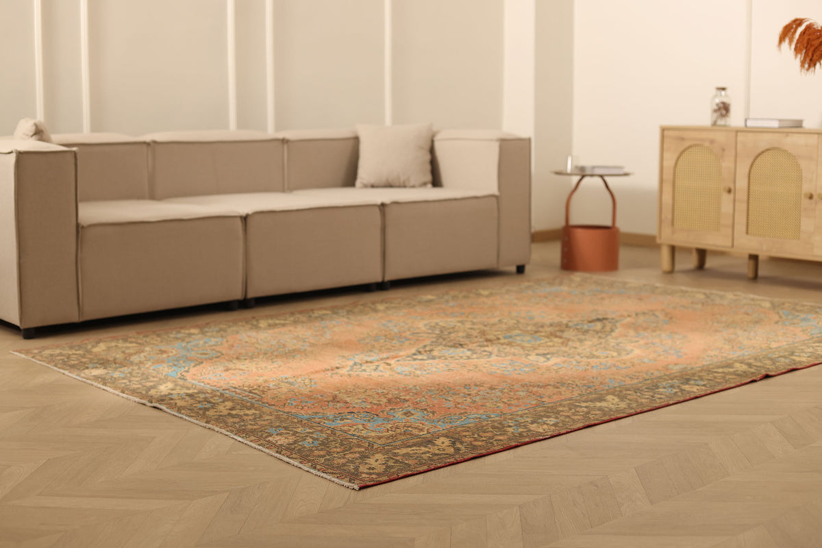 Vintage Isparta Turkish Area Rug 6x9 ft — Orange & Blue Floral