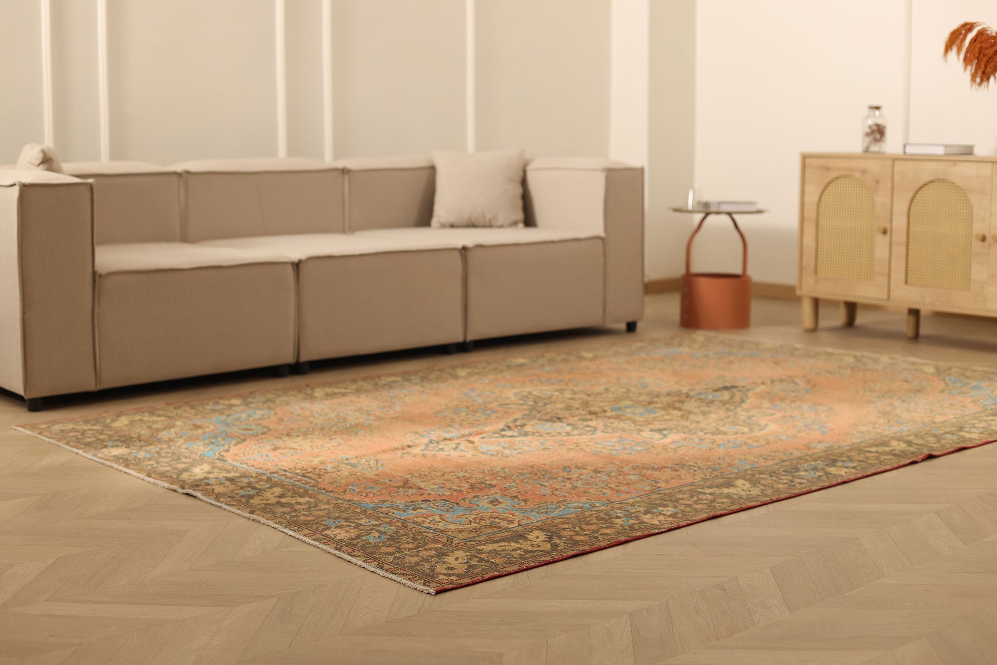 Vintage Isparta Turkish Area Rug 6x9 ft — Orange & Blue Floral