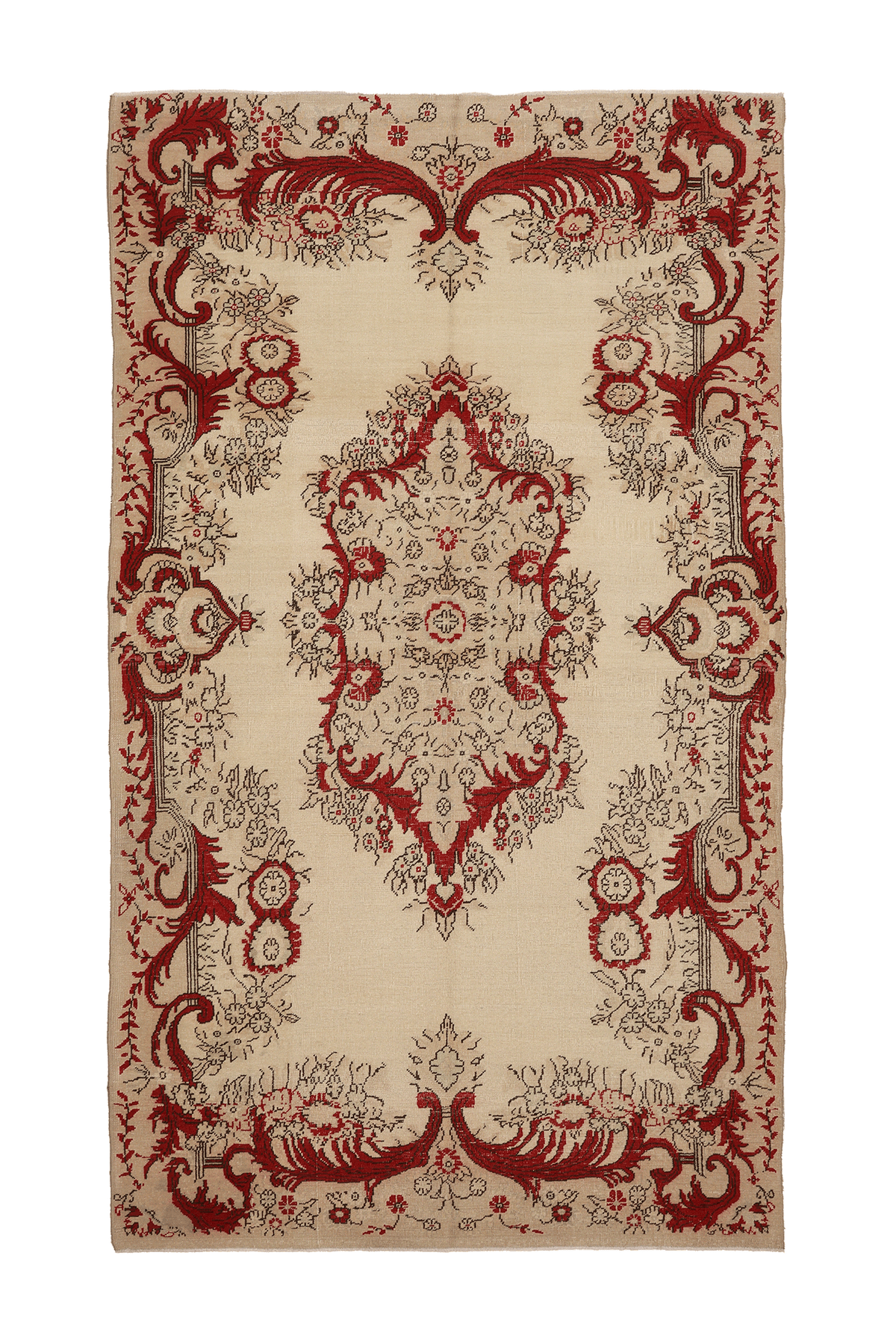 Vintage Isparta Turkish Area Rug 5x9 ft — Beige & Red Floral
