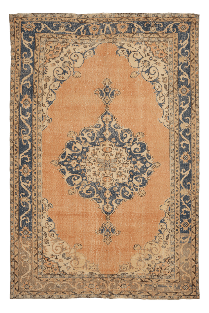 Vintage Isparta Turkish Area Rug 6x10 ft — Orange & Blue Floral