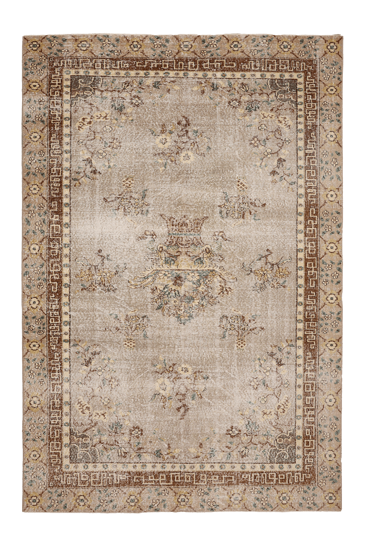 Vintage Isparta Turkish Area Rug 6x10 ft — Beige & Brown Floral (No. 40471)