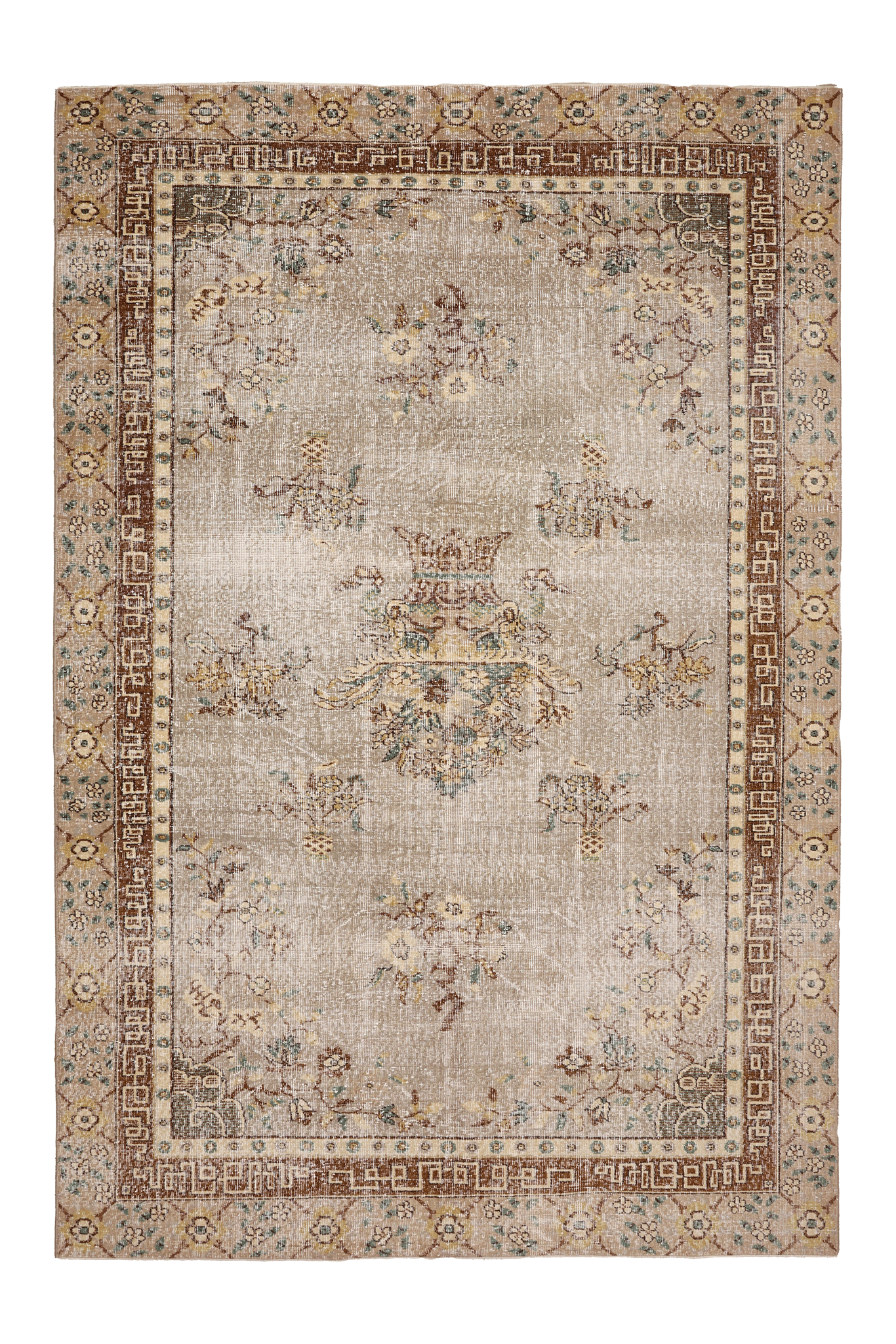 Vintage Isparta Turkish Area Rug 6x10 ft — Beige & Brown Floral (No. 40471)