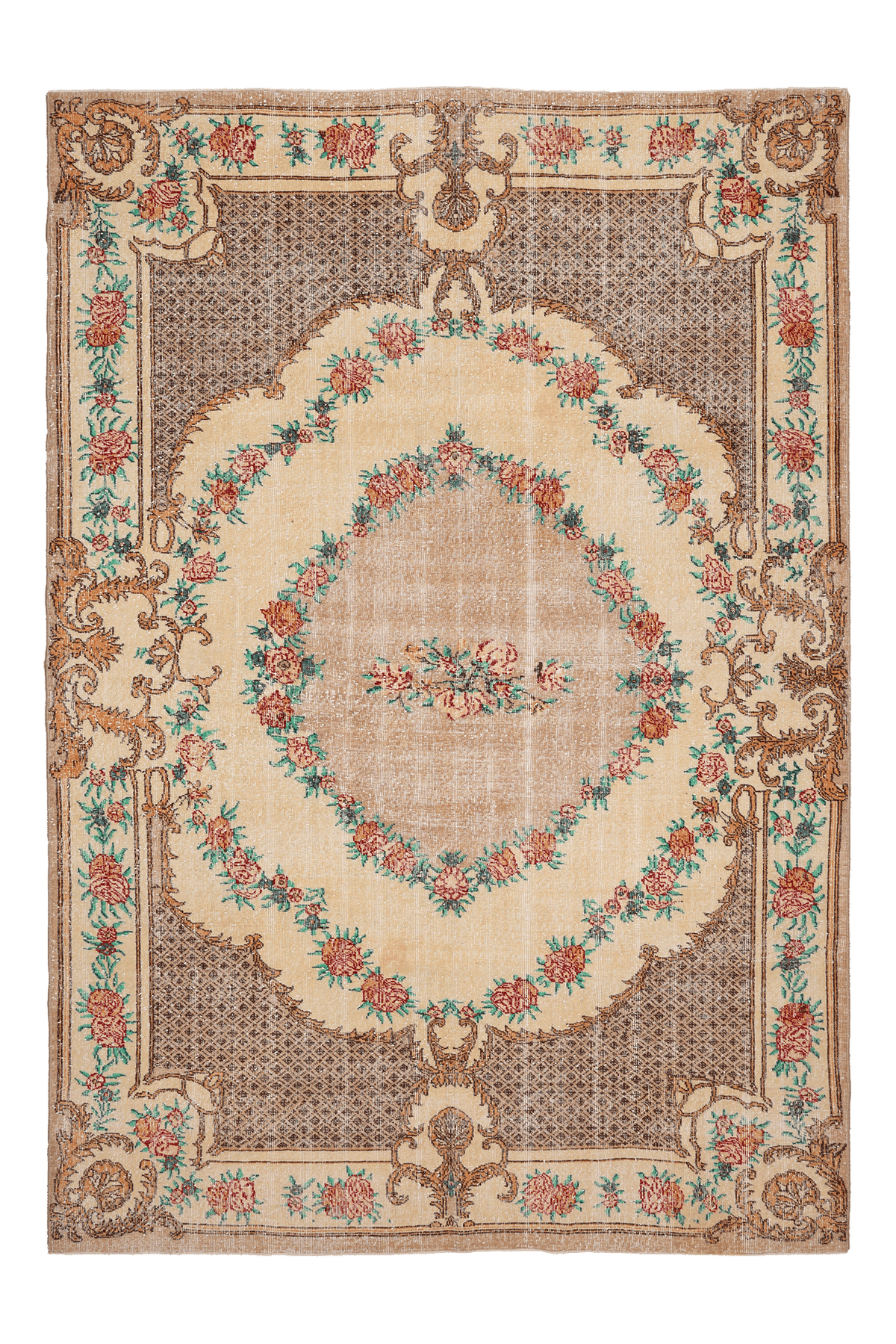 Vintage Isparta Turkish Area Rug 6x10 ft — Beige & Brown Floral (No. 40479)