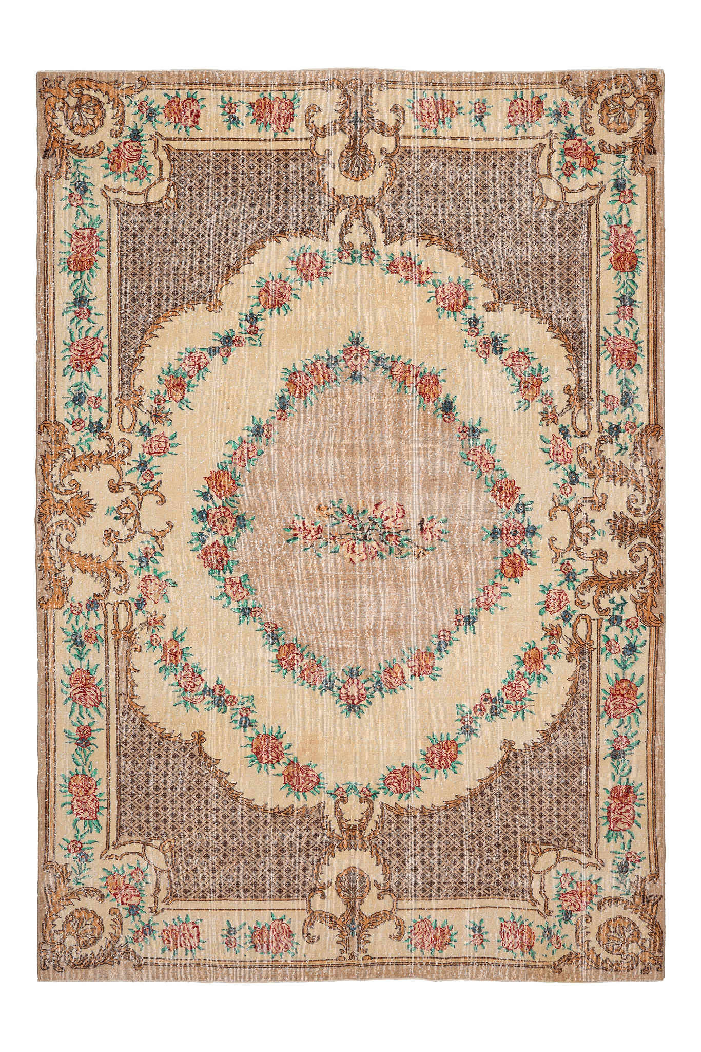 Vintage Isparta Turkish Area Rug 6x10 ft — Beige & Brown Floral (No. 40479)