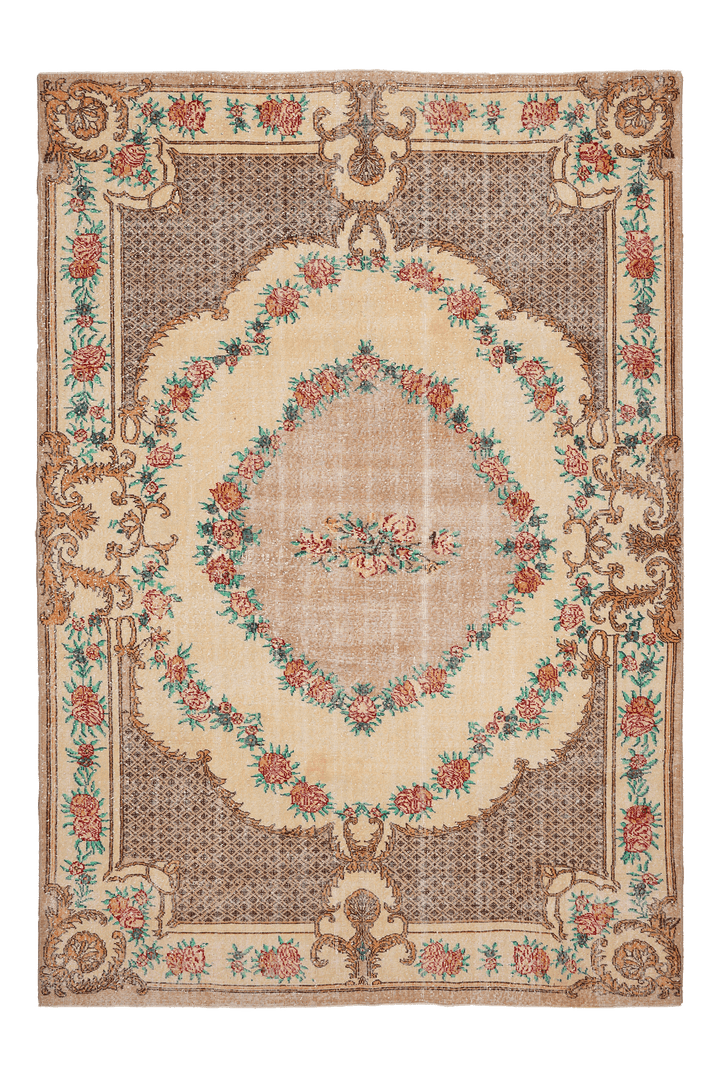 Vintage Isparta Turkish Area Rug 6x10 ft — Beige & Brown Floral (No. 40479)