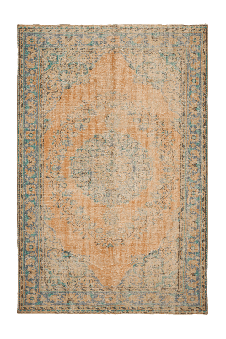 Vintage Manisa Turkish Area Rug 5x9 ft — Orange & Blue Floral (No. 40482)