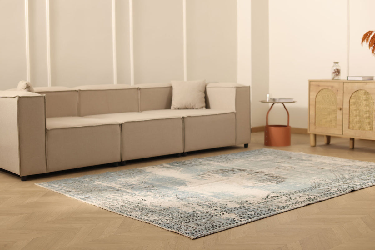 Vintage Manisa Turkish Area Rug 6x9 ft — Gray & Blue Distressed (No. 40483)