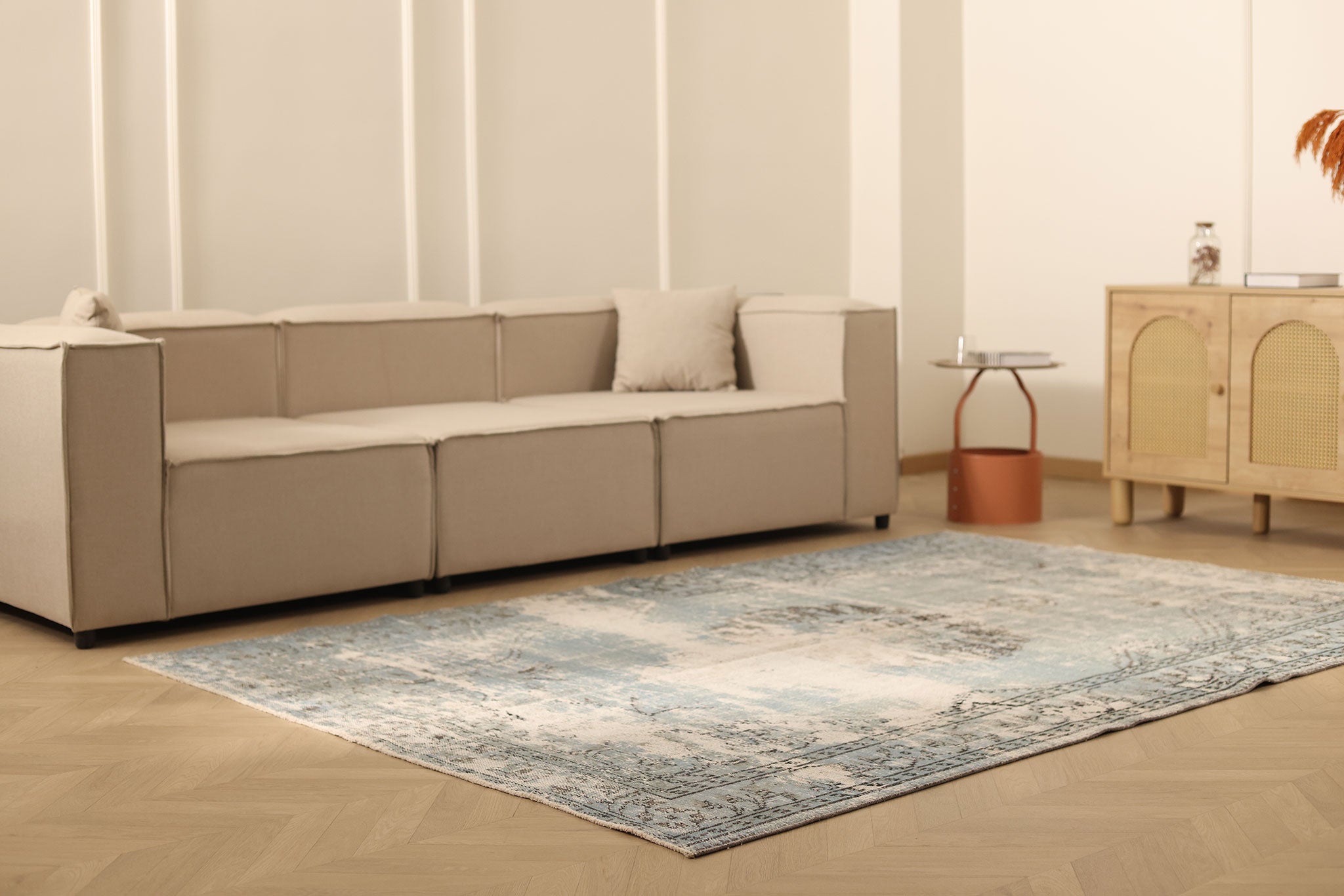 Vintage Manisa Turkish Area Rug 6x9 ft — Gray & Blue Distressed (No. 40483)