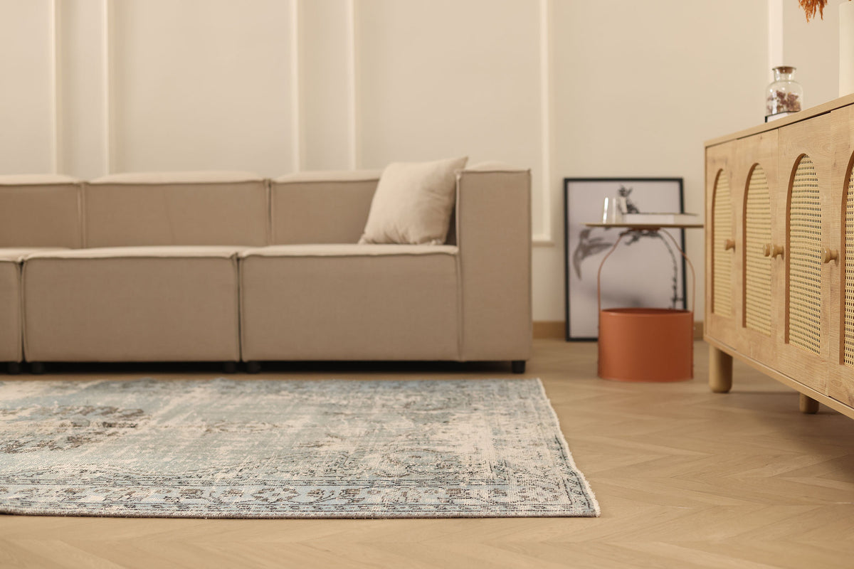 Vintage Manisa Turkish Area Rug 6x9 ft — Gray & Blue Distressed (No. 40483)