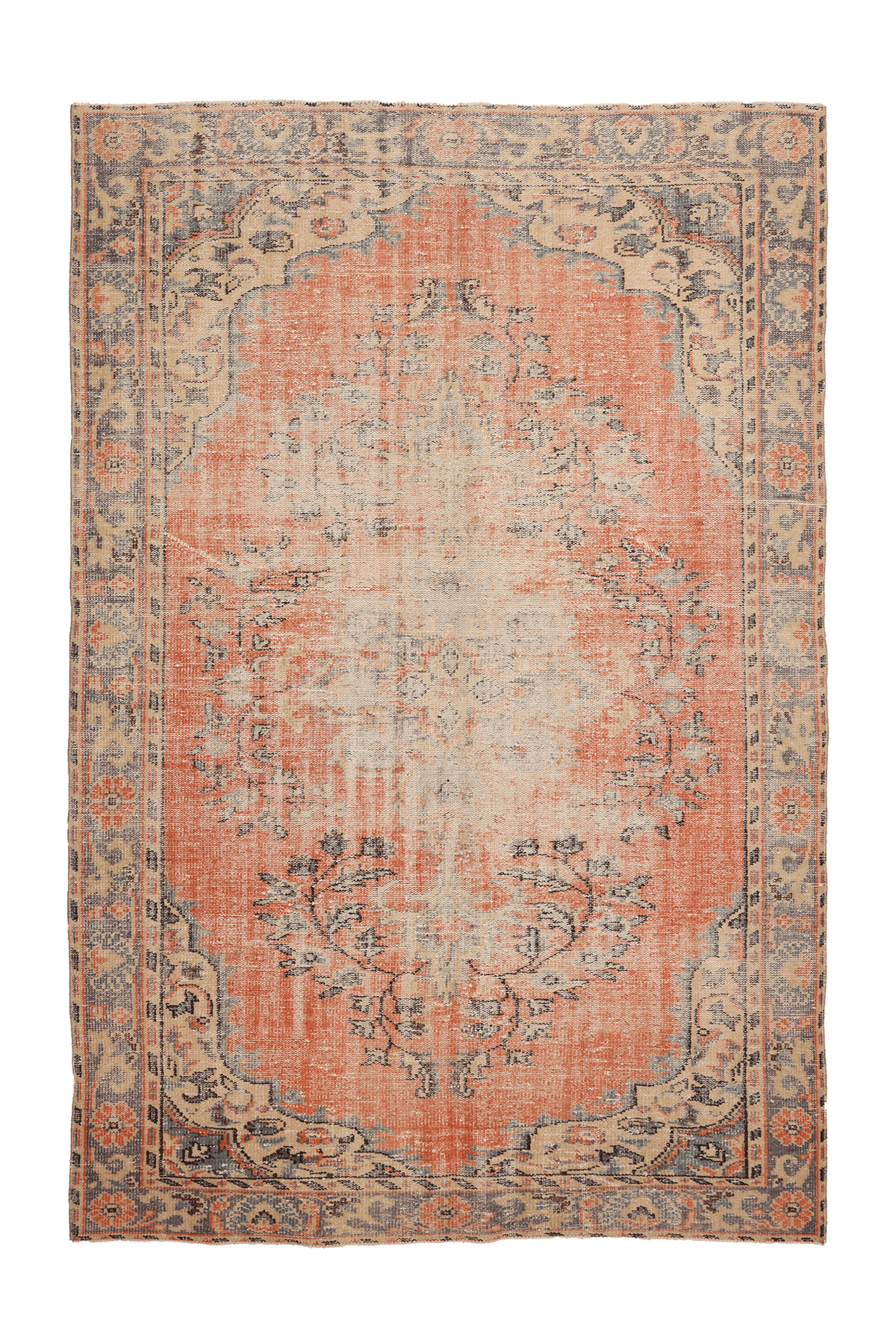 Vintage Manisa Turkish Area Rug 6x9 ft — Orange & Blue Distressed (No. 40493)