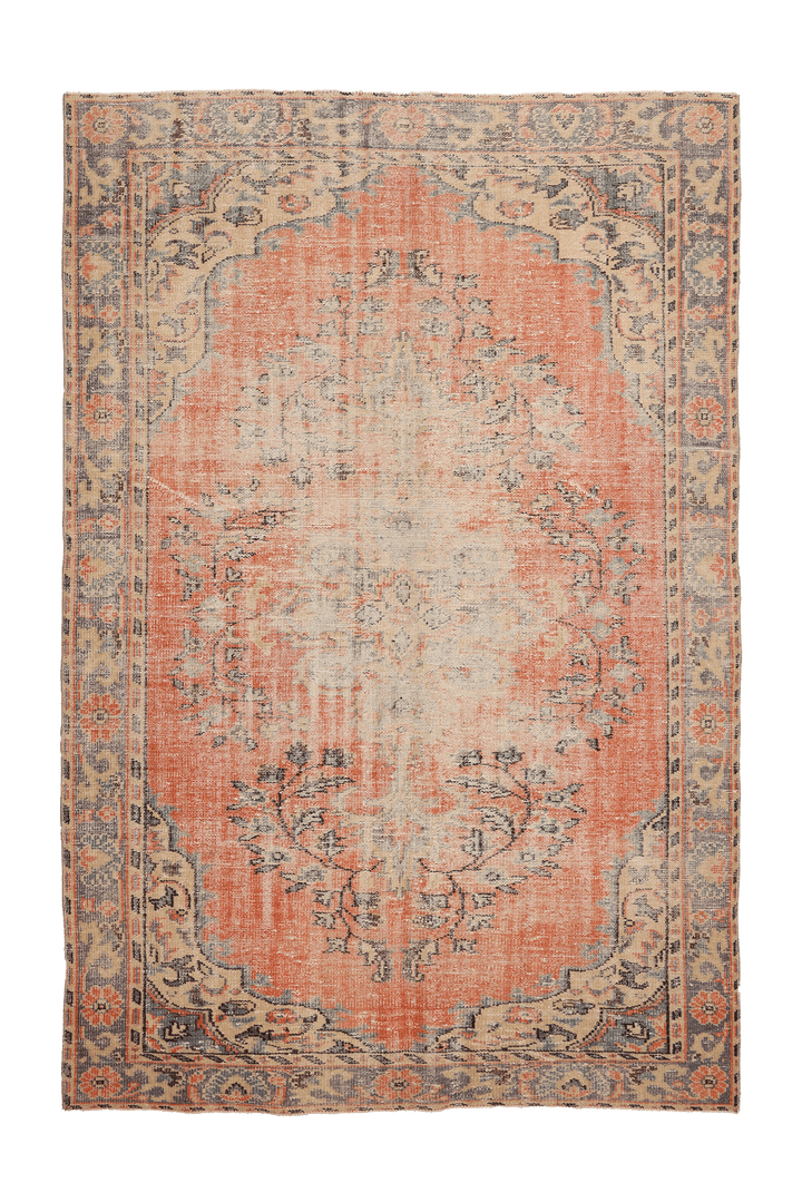 Vintage Manisa Turkish Area Rug 6x9 ft — Orange & Blue Distressed (No. 40493)