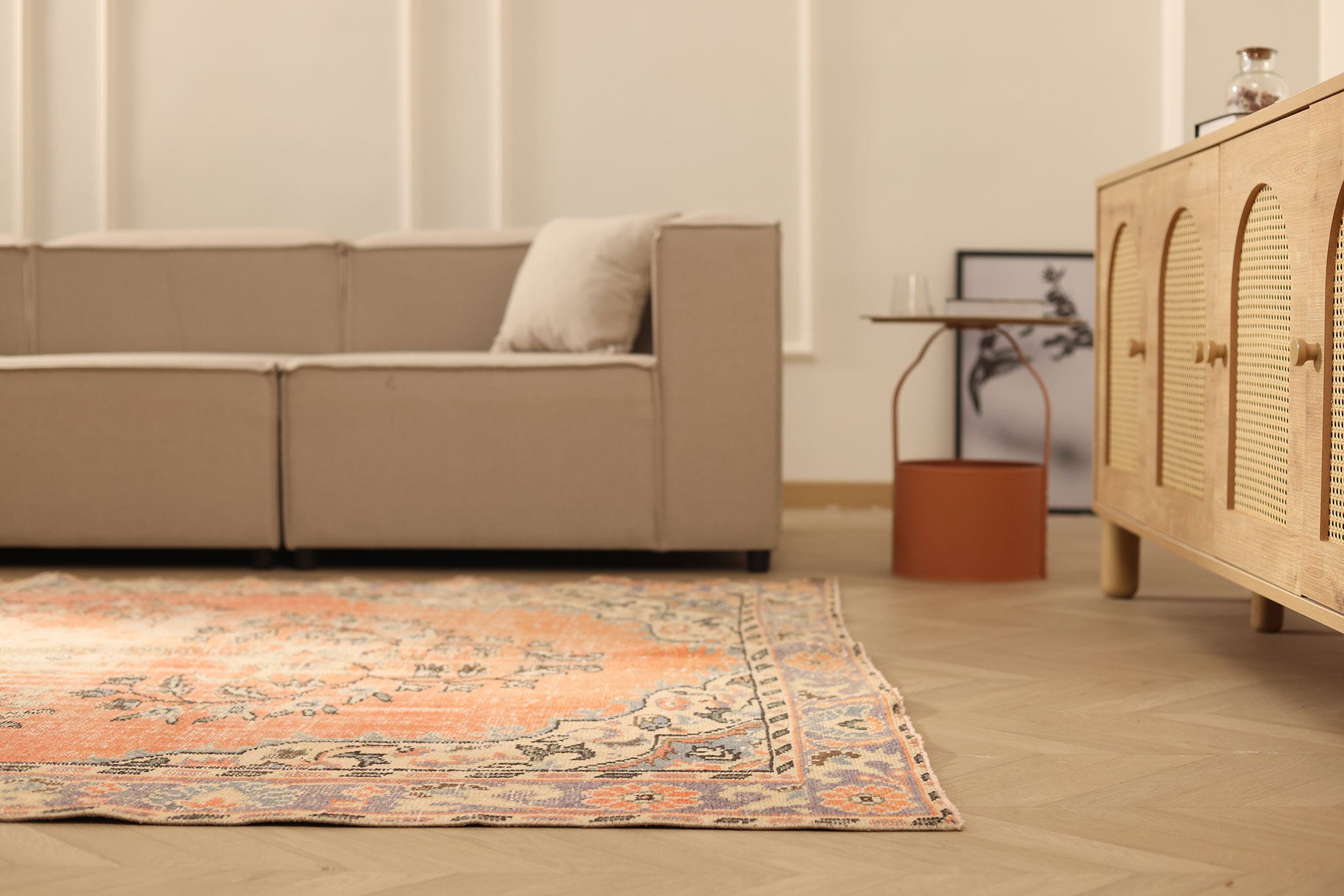 Vintage Manisa Turkish Area Rug 6x9 ft — Orange & Blue Distressed (No. 40493)