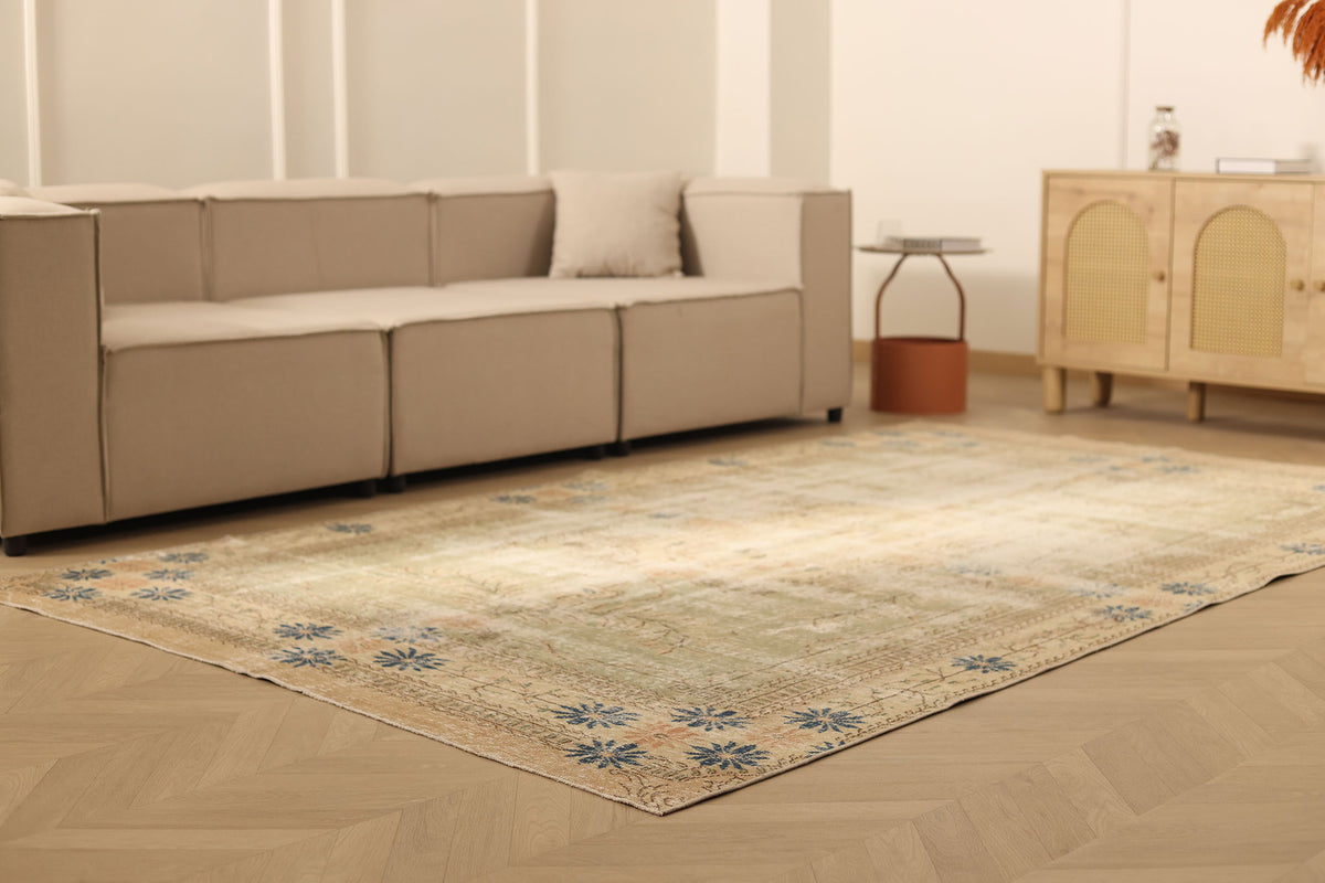 Vintage Isparta Turkish Area Rug 6x10 ft — Beige & Blue Distressed