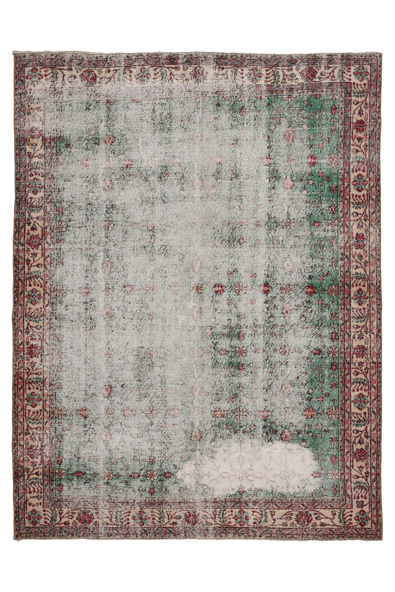 Vintage Isparta Turkish Area Rug 7x9 ft — Green & Gray Distressed