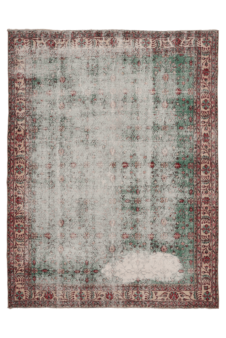 Vintage Isparta Turkish Area Rug 7x9 ft — Green & Gray Distressed