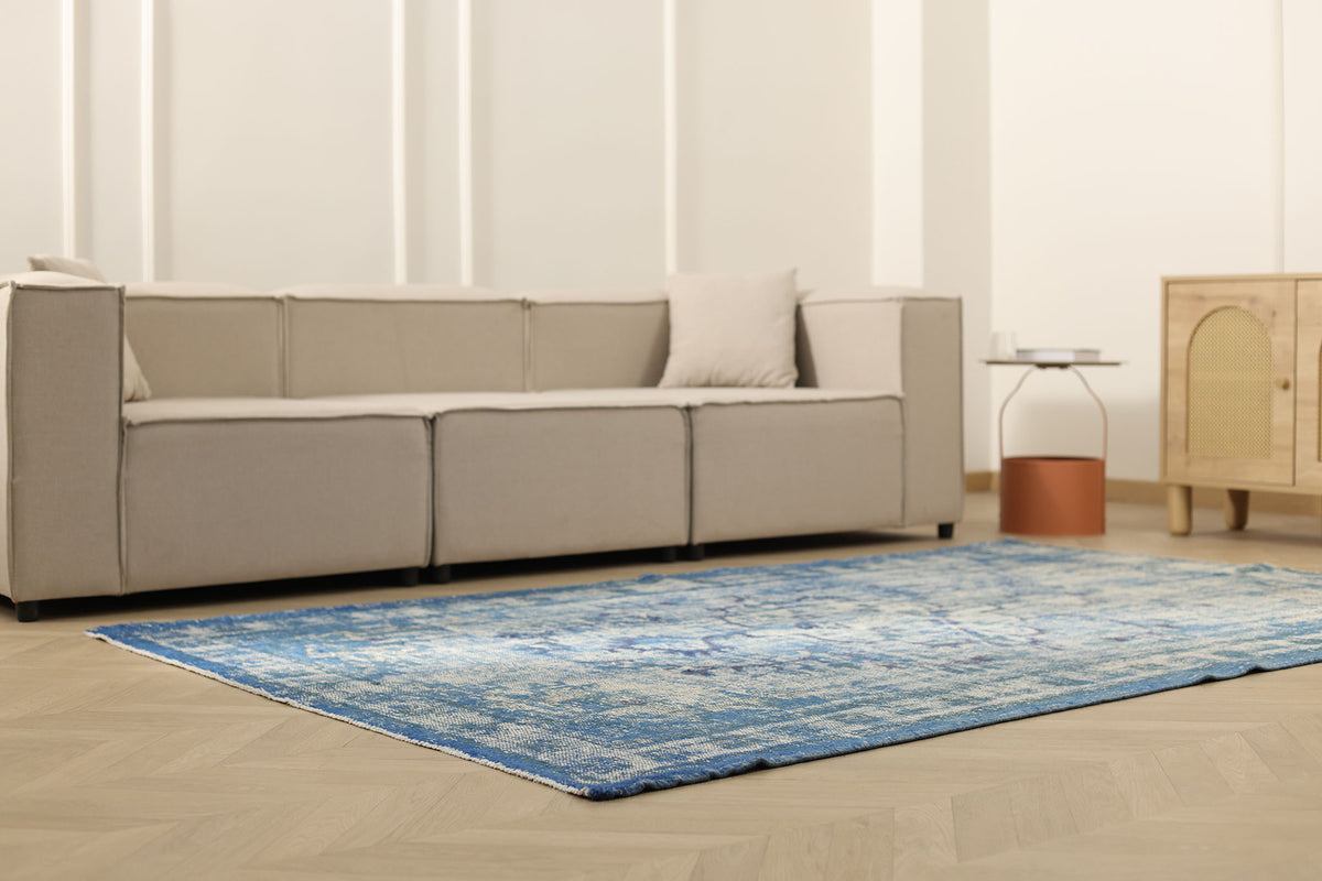 Vintage Manisa Turkish Area Rug 5x8 ft — Blue & White Overdyed (No. 40507)