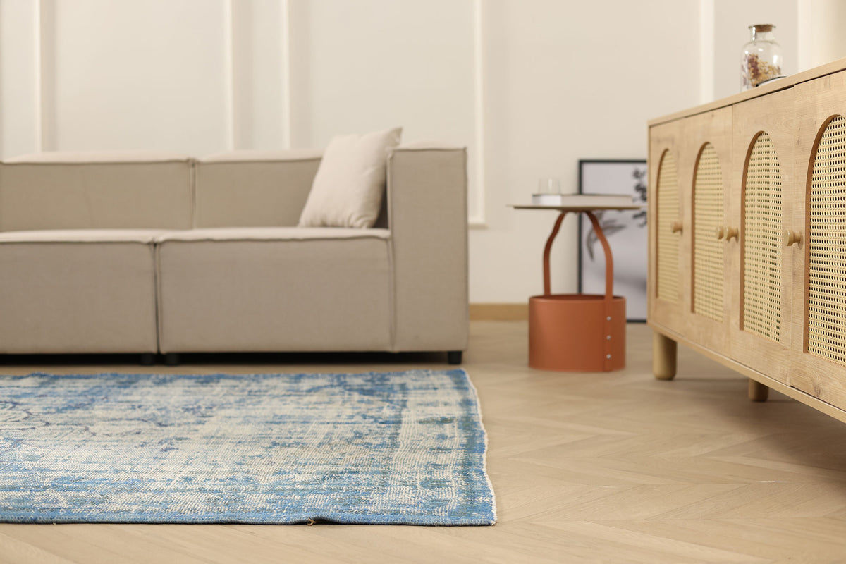 Vintage Manisa Turkish Area Rug 5x8 ft — Blue & White Overdyed (No. 40507)