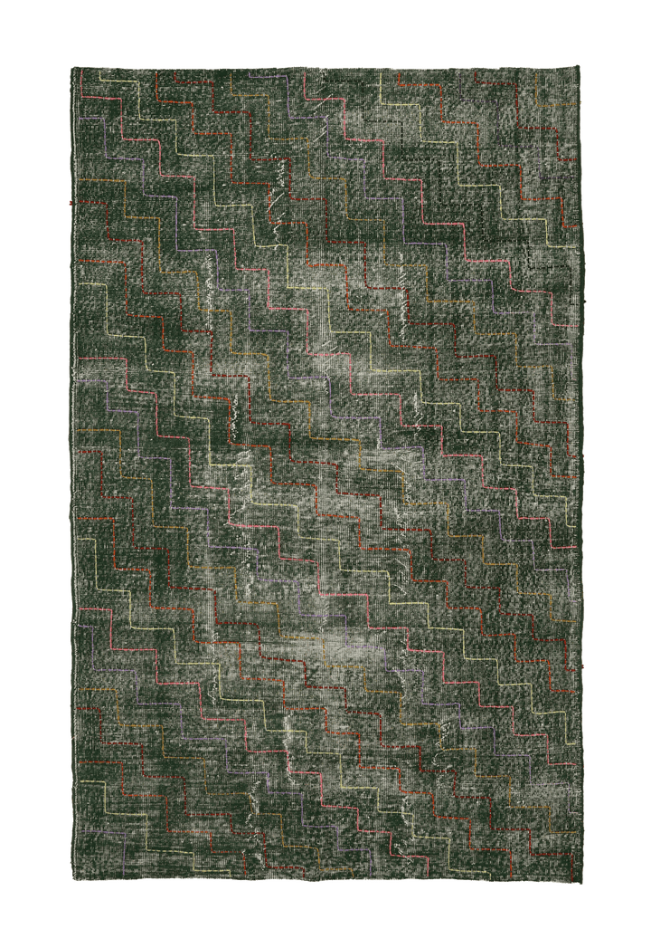 Vintage Isparta Turkish Area Rug 5x8 ft — Green Geometric (No. 40559)