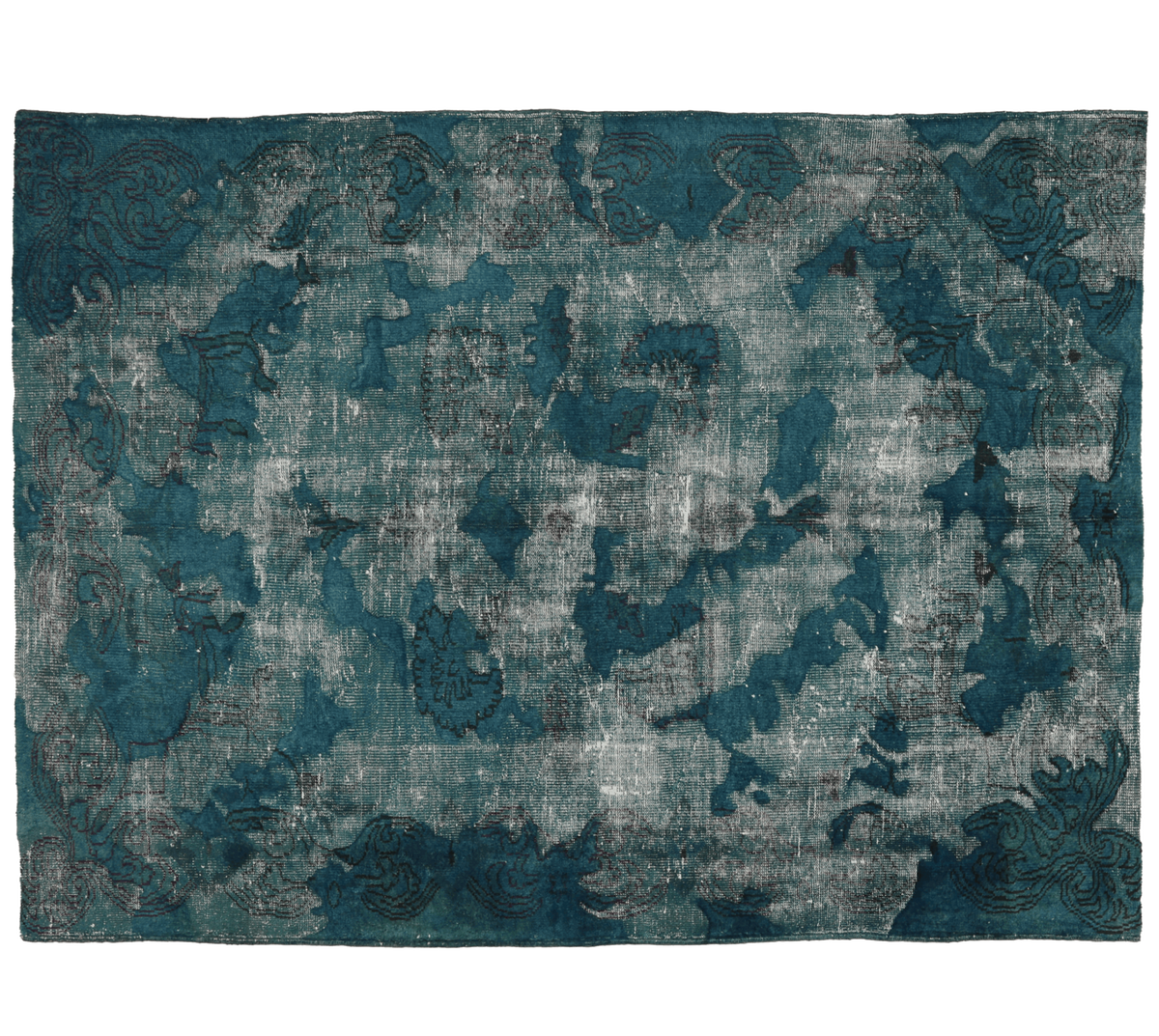 Blue and gray patterned rug on a white background