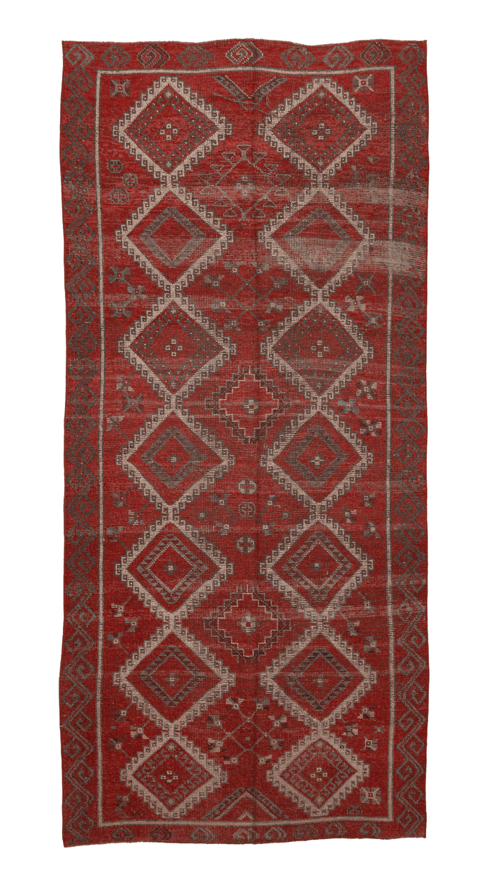 Vintage Gaziantep Turkish Runner Rug 4x10 ft — Red Geometric