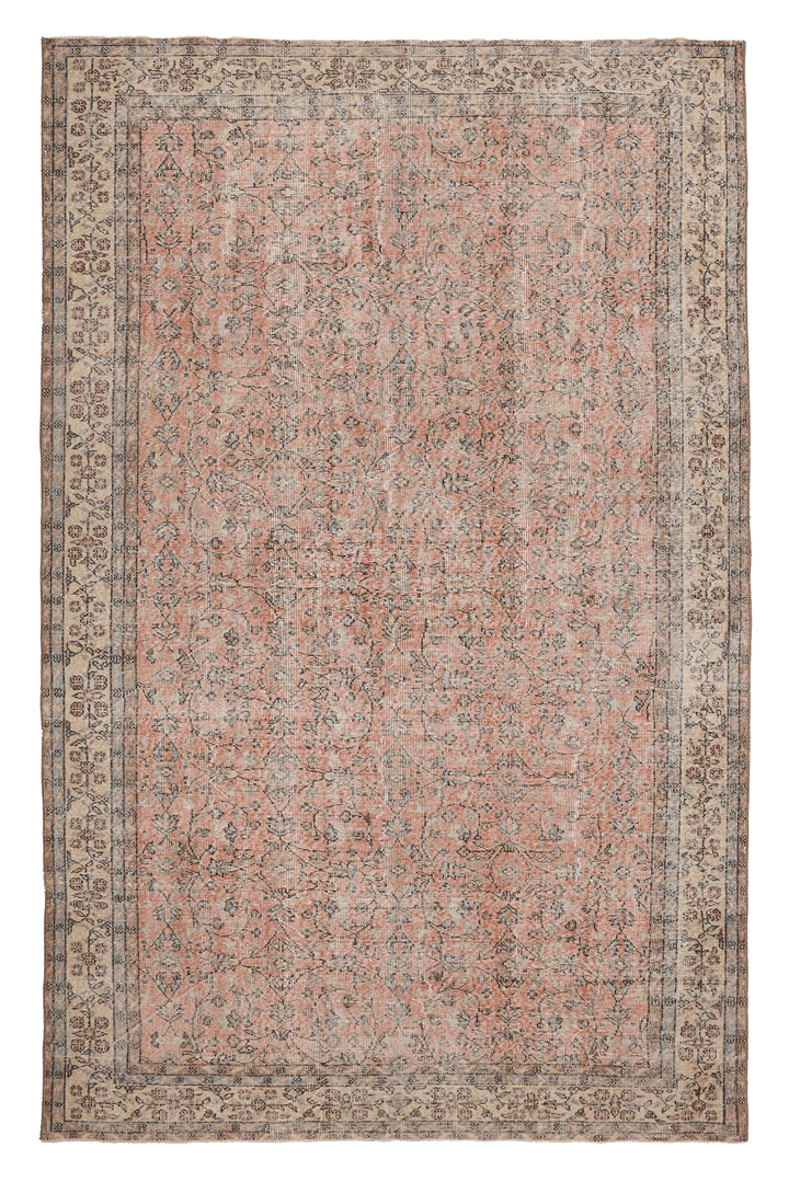 Vintage Isparta Turkish Area Rug 6x10 ft — Beige & Brown Floral (No. 40579)