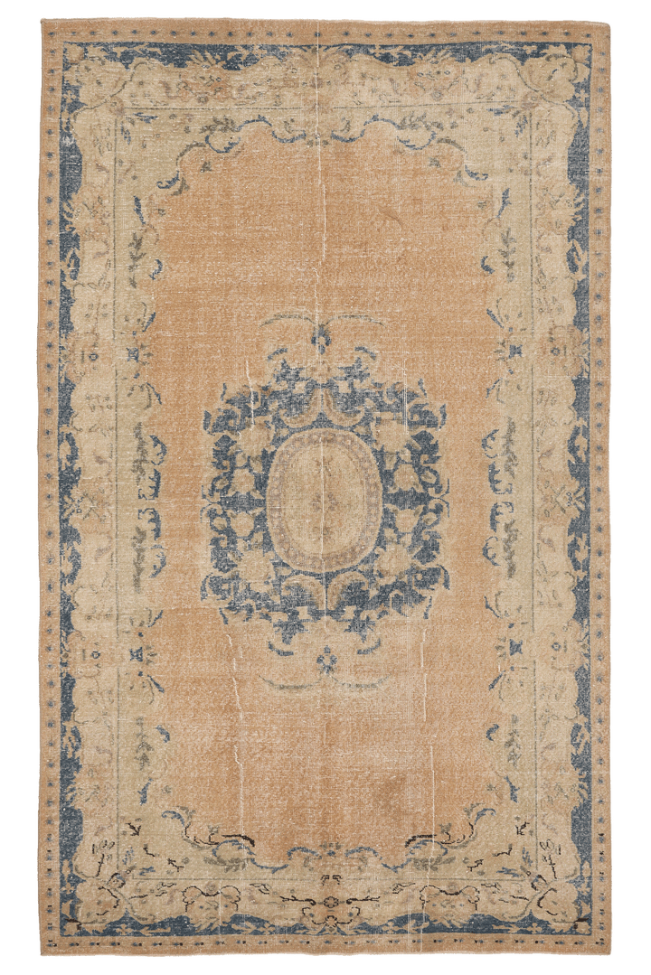Vintage Isparta Turkish Area Rug 5x10 ft — Beige & Blue Floral