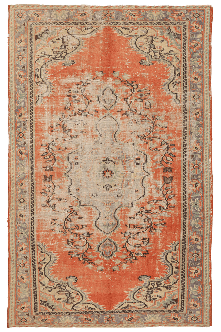 Vintage Manisa Turkish Area Rug 5x9 ft — Orange Floral (No. 40592)