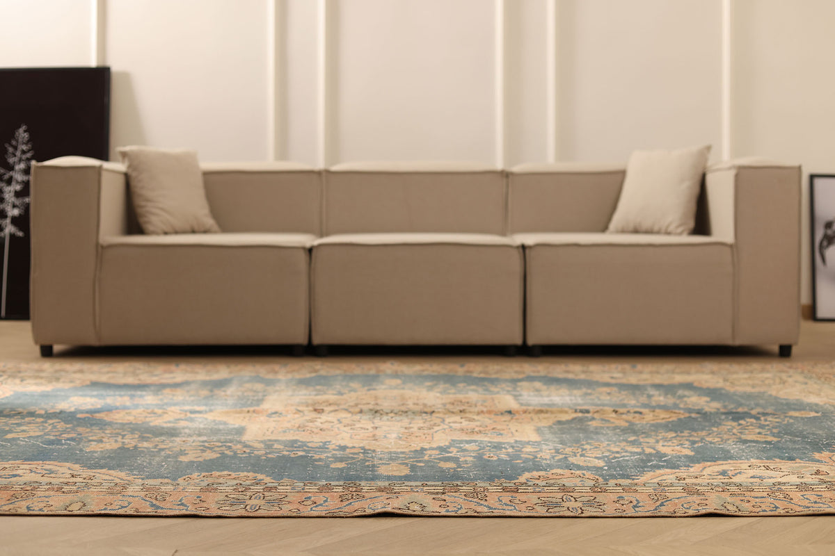 Vintage Isparta Turkish Area Rug 6x10 ft — Blue & Beige Floral (No. 40597)