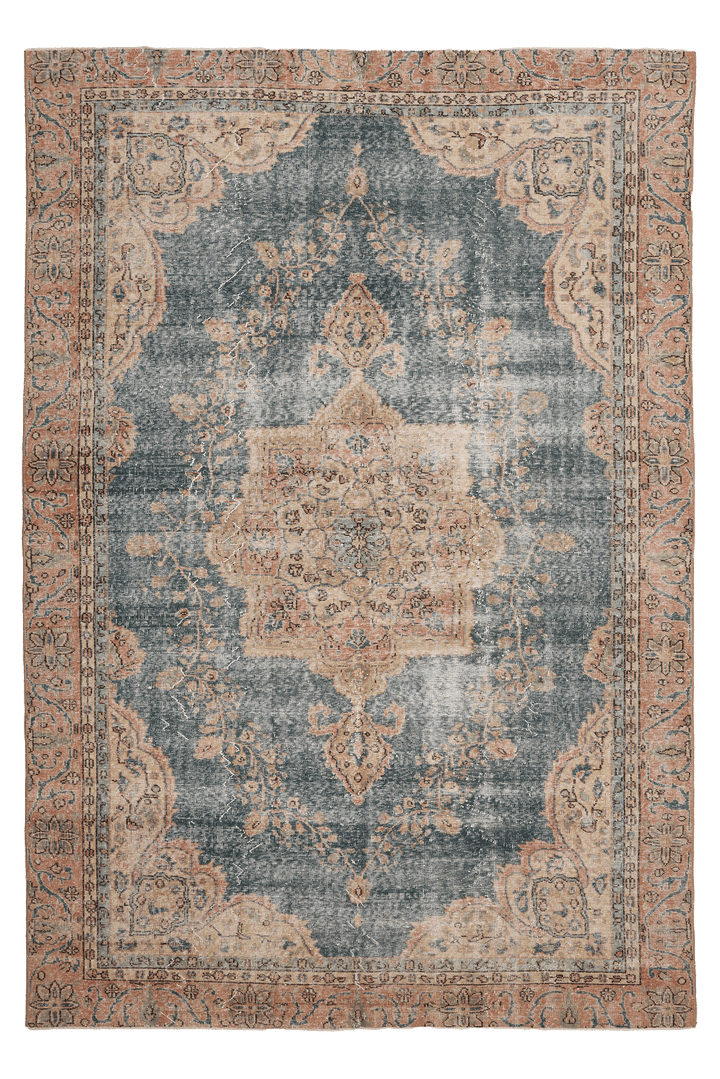Vintage Isparta Turkish Area Rug 6x10 ft — Blue & Beige Floral (No. 40597)
