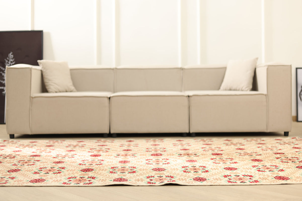 Vintage Isparta Turkish Area Rug 5x9 ft — Beige & Red Floral (No. 40601)
