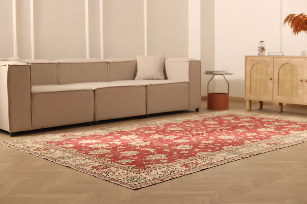 Vintage Isparta Turkish Area Rug 6x11 ft — Red & Beige Floral