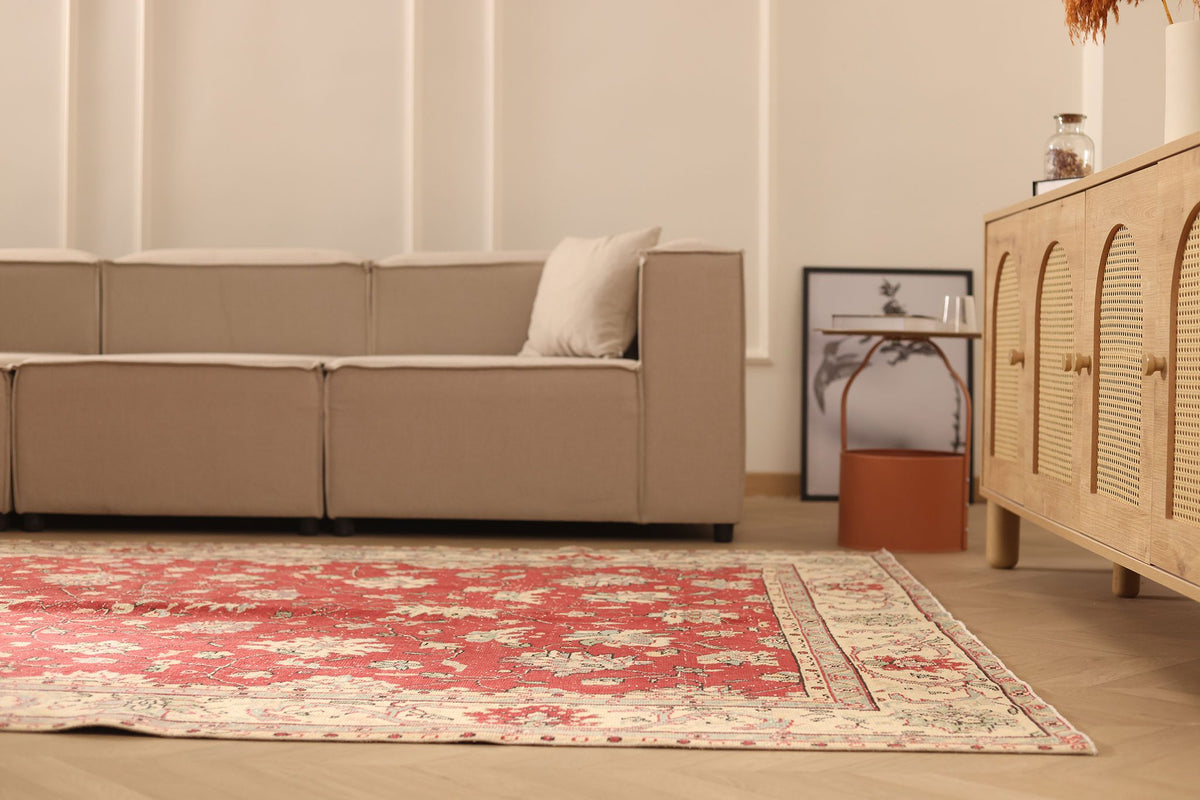 Vintage Isparta Turkish Area Rug 6x11 ft — Red & Beige Floral