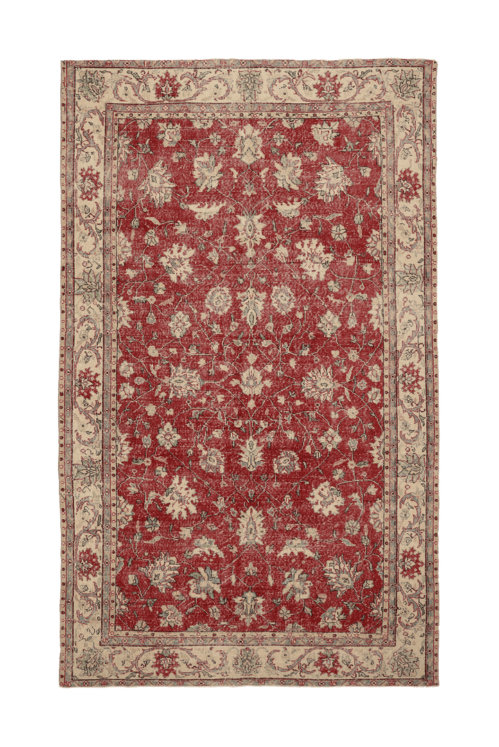 Vintage Isparta Turkish Area Rug 6x11 ft — Red & Beige Floral