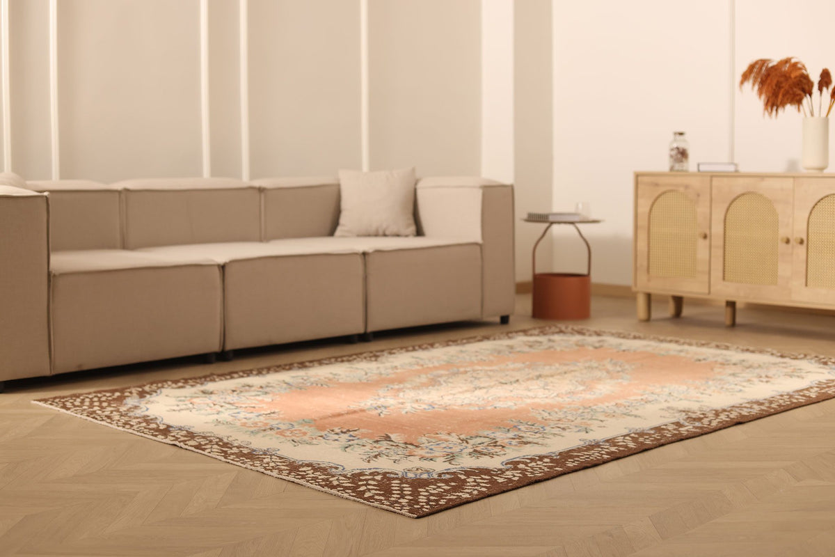 Vintage Isparta Turkish Area Rug 6x9 ft — Brown & Beige Floral
