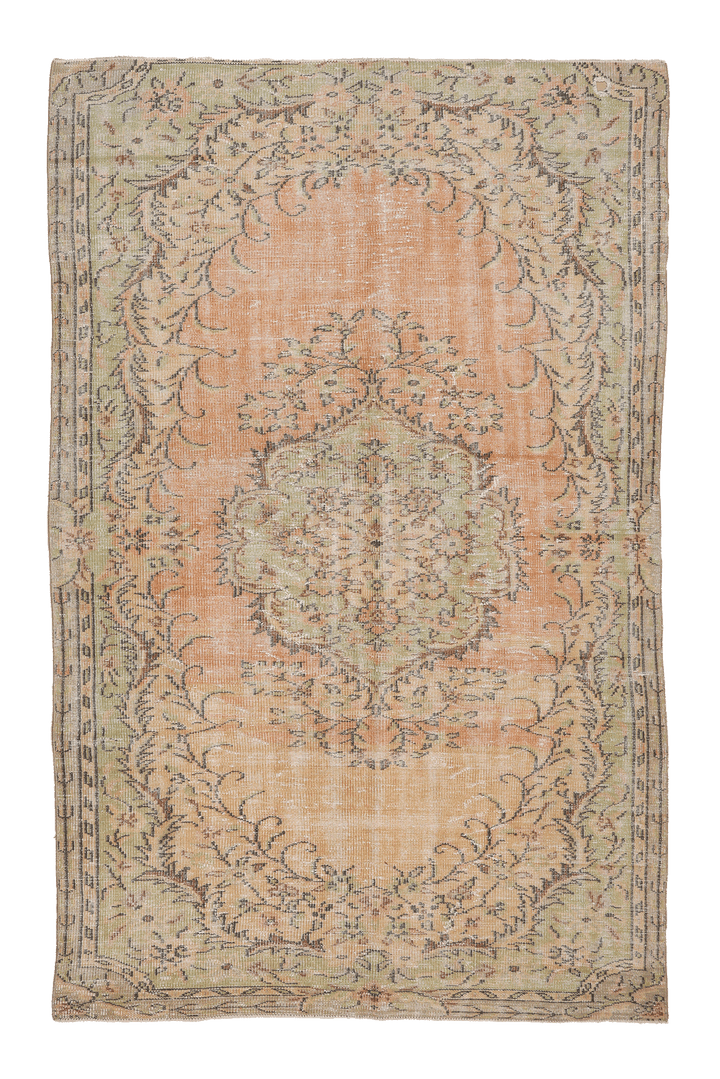 Vintage Manisa Turkish Area Rug 5x9 ft — Orange & Green Floral