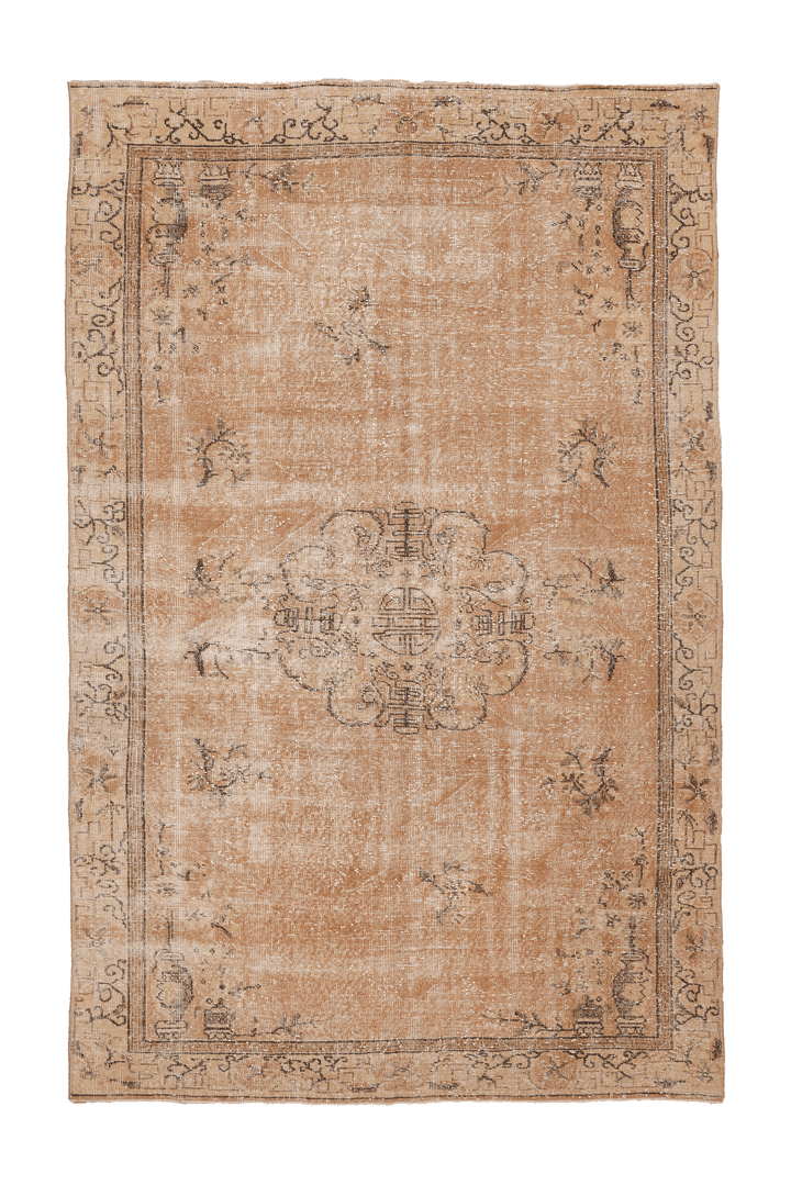 Vintage Isparta Turkish Area Rug 6x9 ft — Orange & Beige Floral