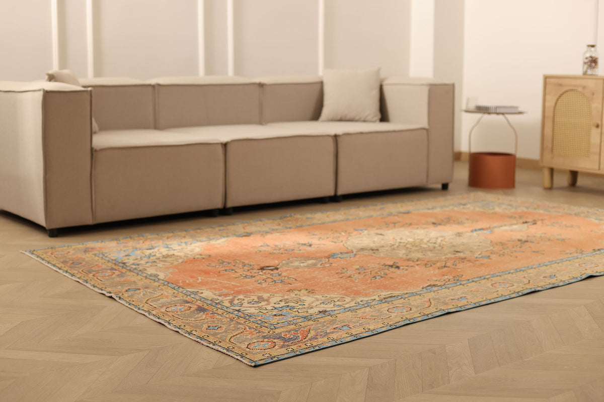 Vintage Isparta Turkish Area Rug 6x9 ft — Beige & Brown Floral (No. 40645)