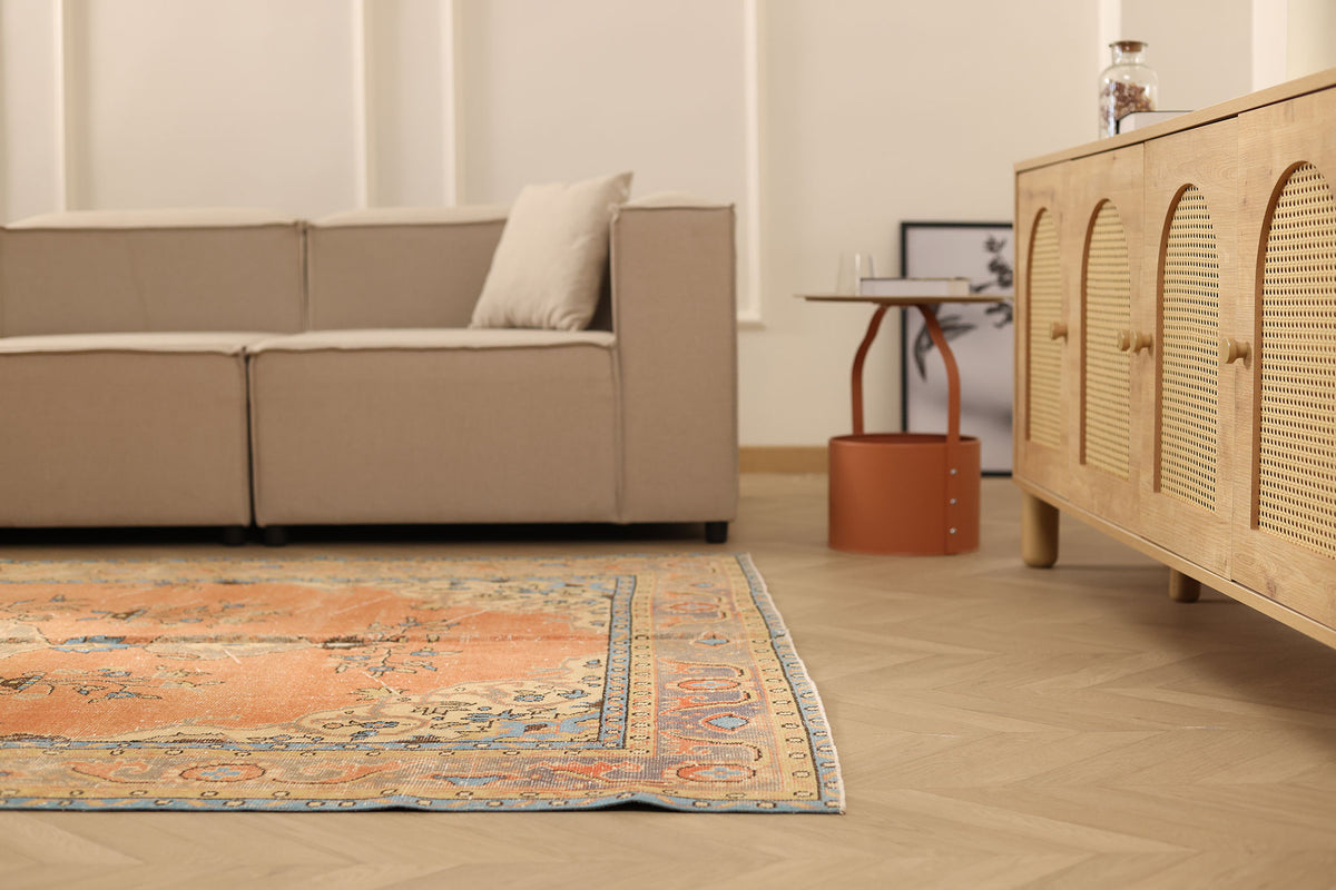 Vintage Isparta Turkish Area Rug 6x9 ft — Beige & Brown Floral (No. 40645)