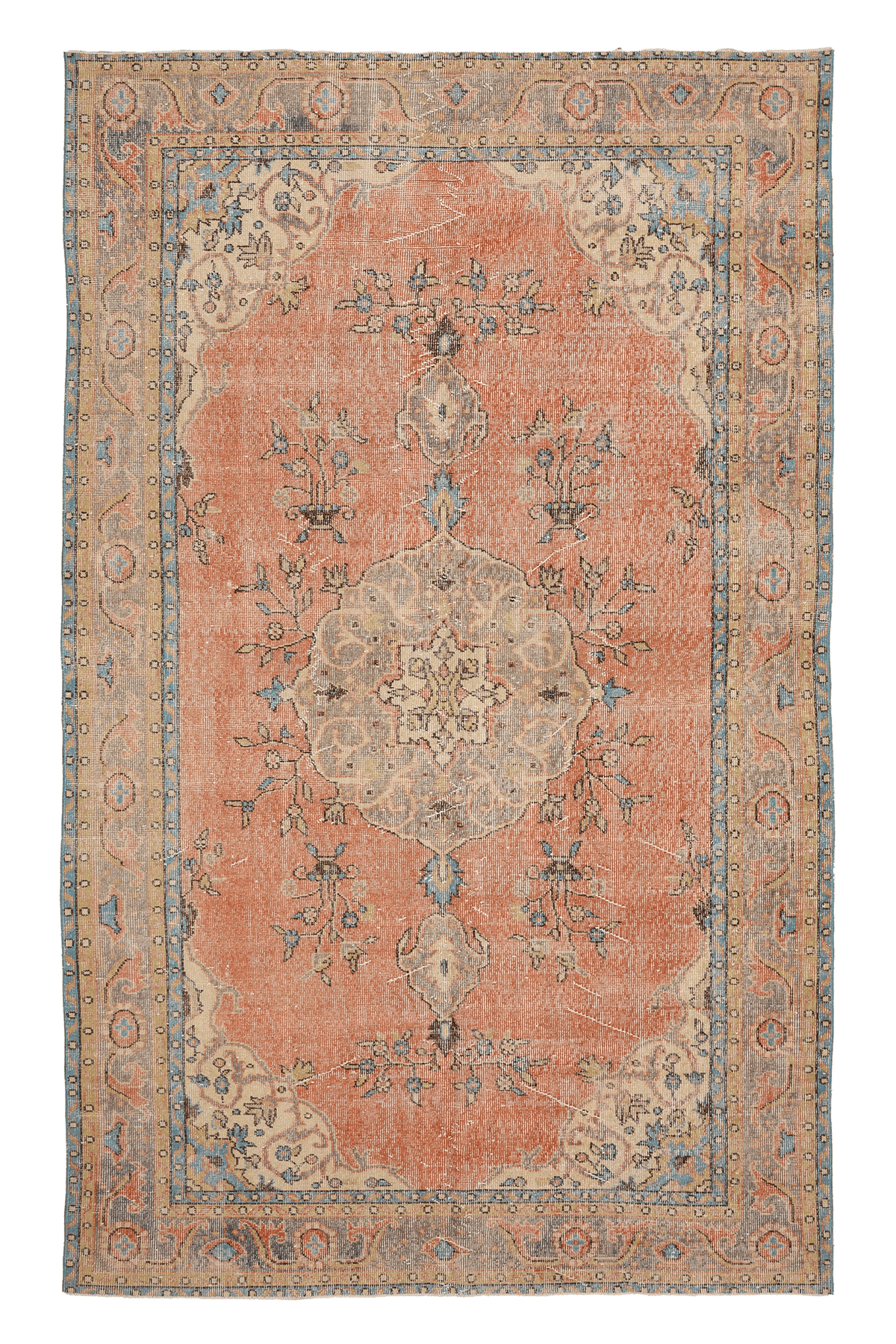 Vintage Isparta Turkish Area Rug 6x9 ft — Beige & Brown Floral (No. 40645)