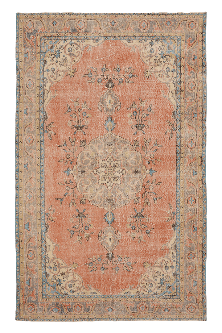 Vintage Isparta Turkish Area Rug 6x9 ft — Beige & Brown Floral (No. 40645)