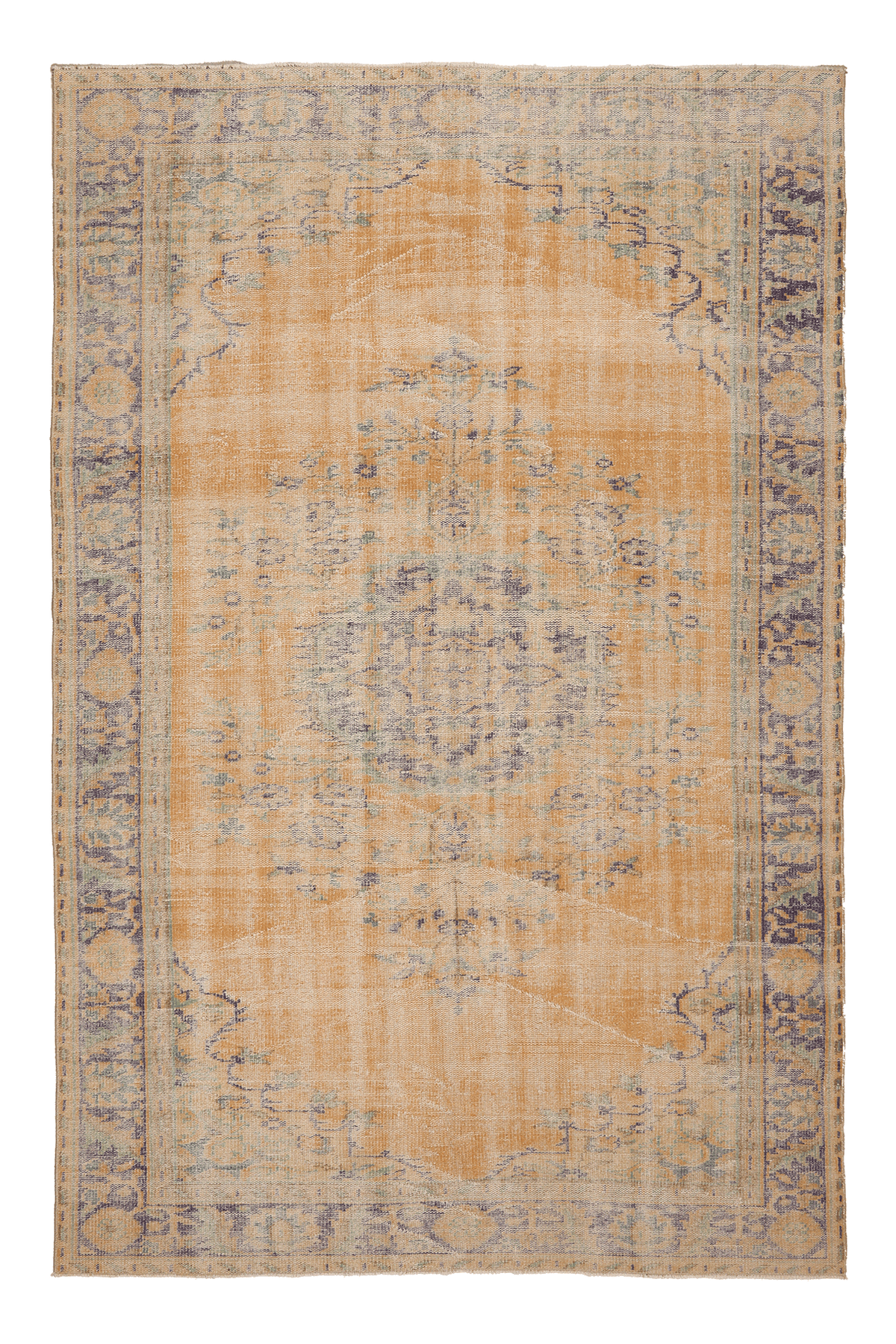 Vintage Manisa Turkish Area Rug 6x9 ft — Orange & Blue Distressed (No. 40666)