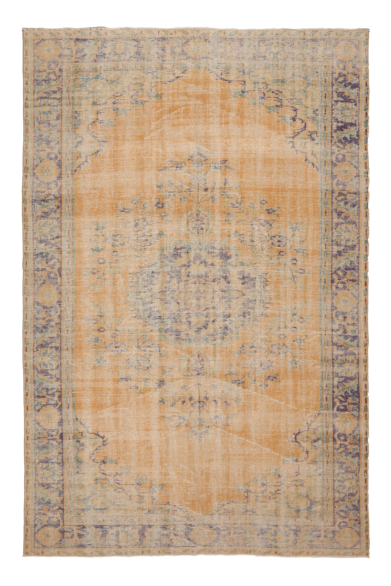 Vintage Manisa Turkish Area Rug 6x9 ft — Orange & Blue Distressed (No. 40666)