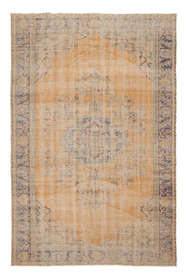 Vintage Manisa Turkish Area Rug 6x9 ft — Orange & Blue Distressed (No. 40666)