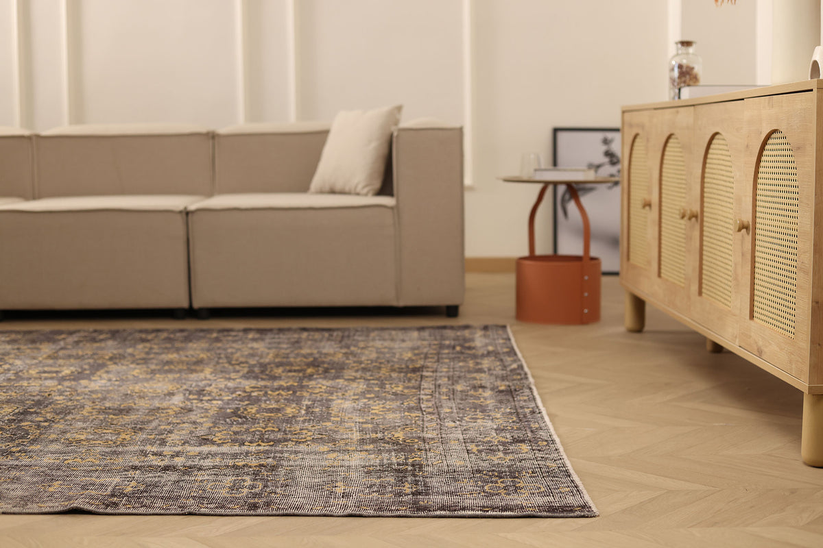 Vintage Isparta Turkish Area Rug 7x10 ft — Beige & Brown Floral (No. 40673)