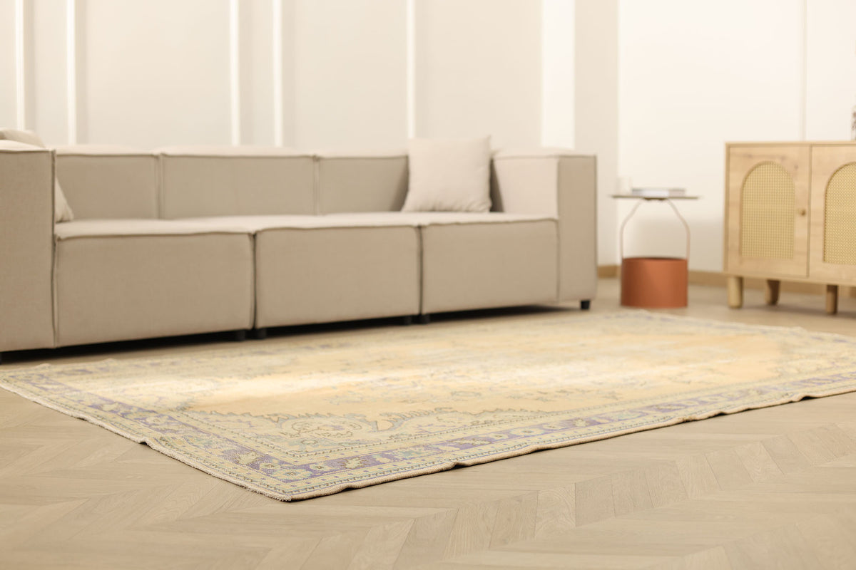 Vintage Manisa Turkish Area Rug 6x9 ft — Beige Floral (No. 40691)