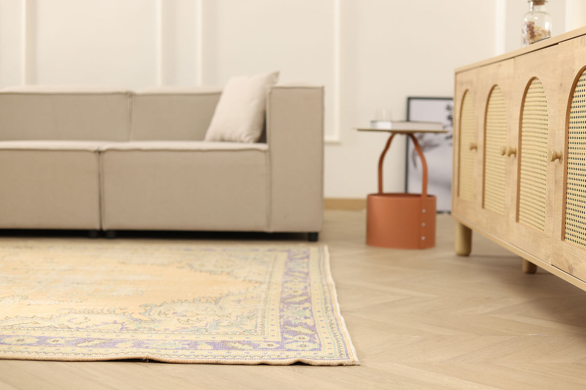Vintage Manisa Turkish Area Rug 6x9 ft — Beige Floral (No. 40691)