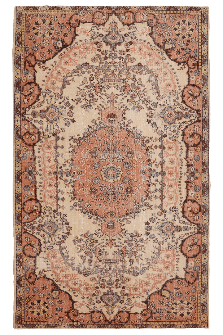 Vintage Isparta Turkish Area Rug 5x9 ft — Beige & Red Floral (No. 40695)