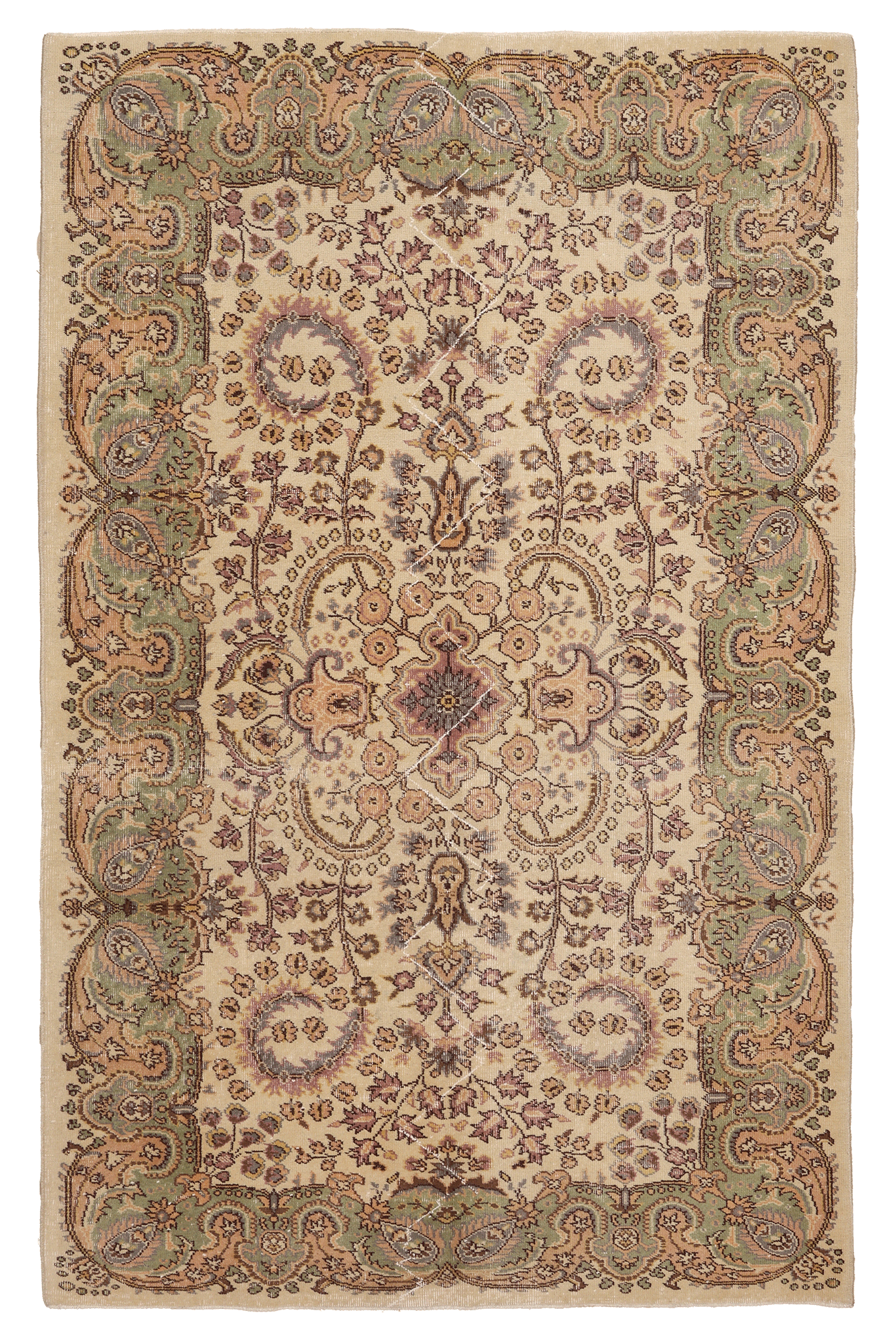 Vintage Isparta Turkish Area Rug 5x9 ft — Beige & Green Floral (No. 40696)