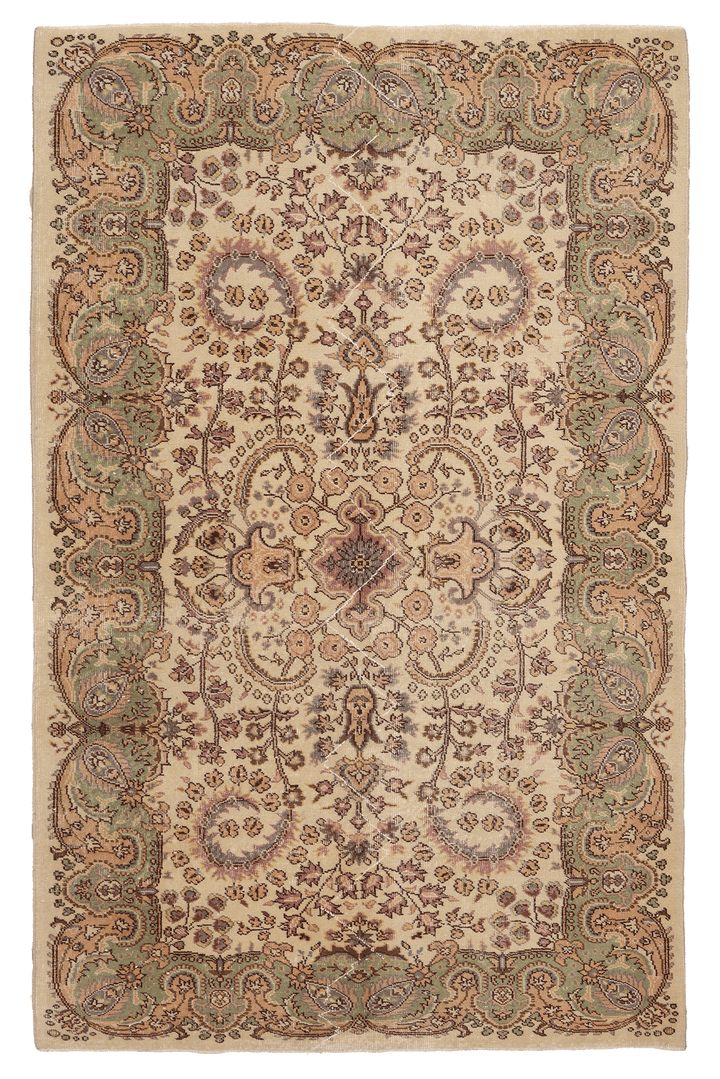 Vintage Isparta Turkish Area Rug 5x9 ft — Beige & Green Floral (No. 40696)