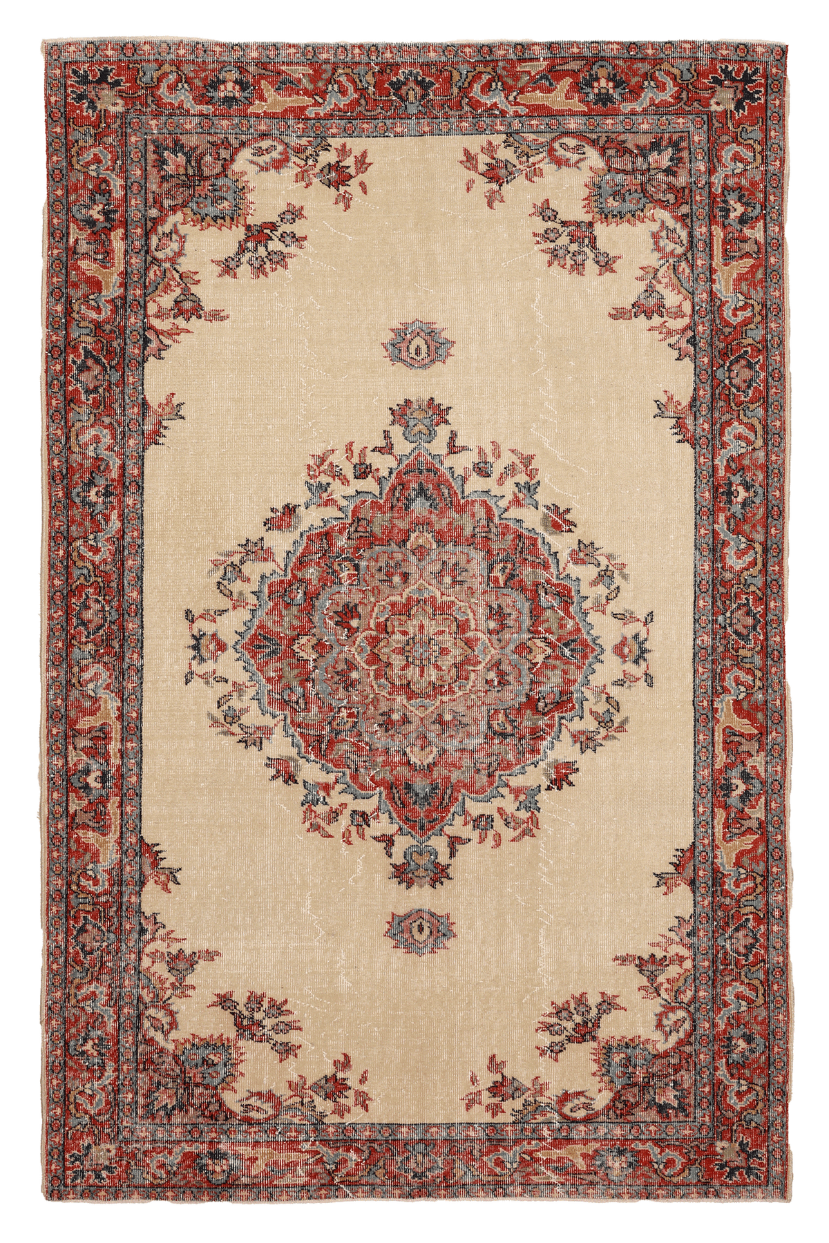 Vintage Isparta Turkish Area Rug 5x9 ft — Beige & Red Floral (No. 40698)